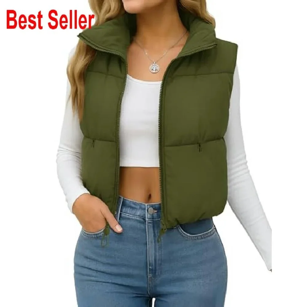 Cropped Puffer Vest Lightweight Warm Zip Up Fashion Stand Collar Chic Layering